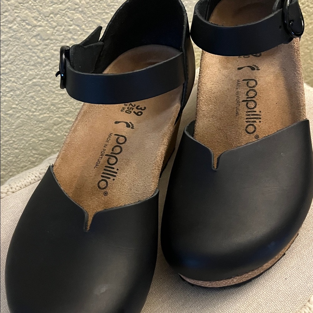 Papillio Black Ankle Strap Mules